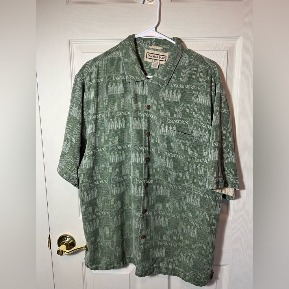Jamaica Jaxx Green 100% Silk Solid Color Tropical Pattern Short Sleeve Shirt XL